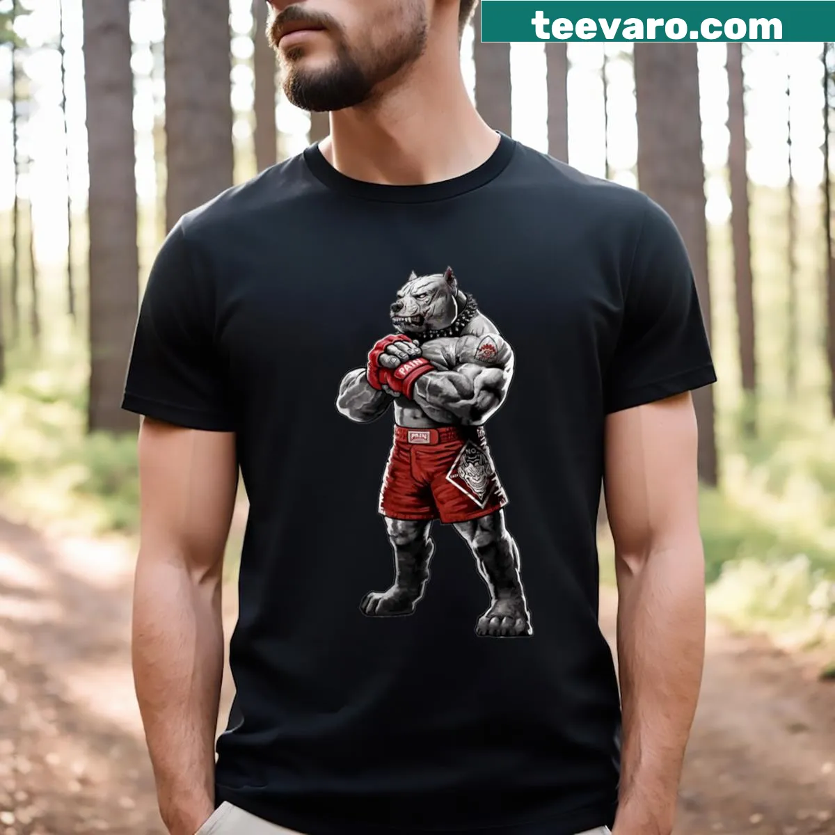 Dog boxer graphic T-shirt featuring a playful canine in boxing pose — on a men's t-shirt