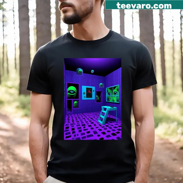 Cartoon T-shirt featuring a whimsical blue room design