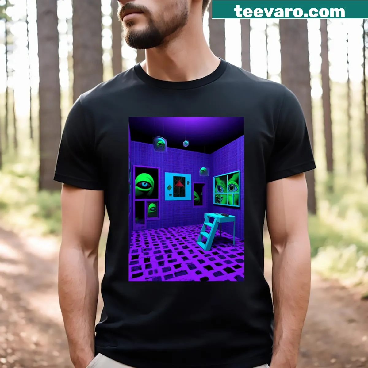Cartoon T-shirt featuring a whimsical blue room design — on a men's t-shirt