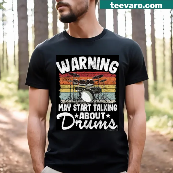 T-shirt featuring a bold graphic of a drum kit