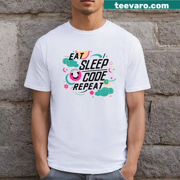 T-shirt for programmers featuring 'Eat Sleep Code Repeat' phrase