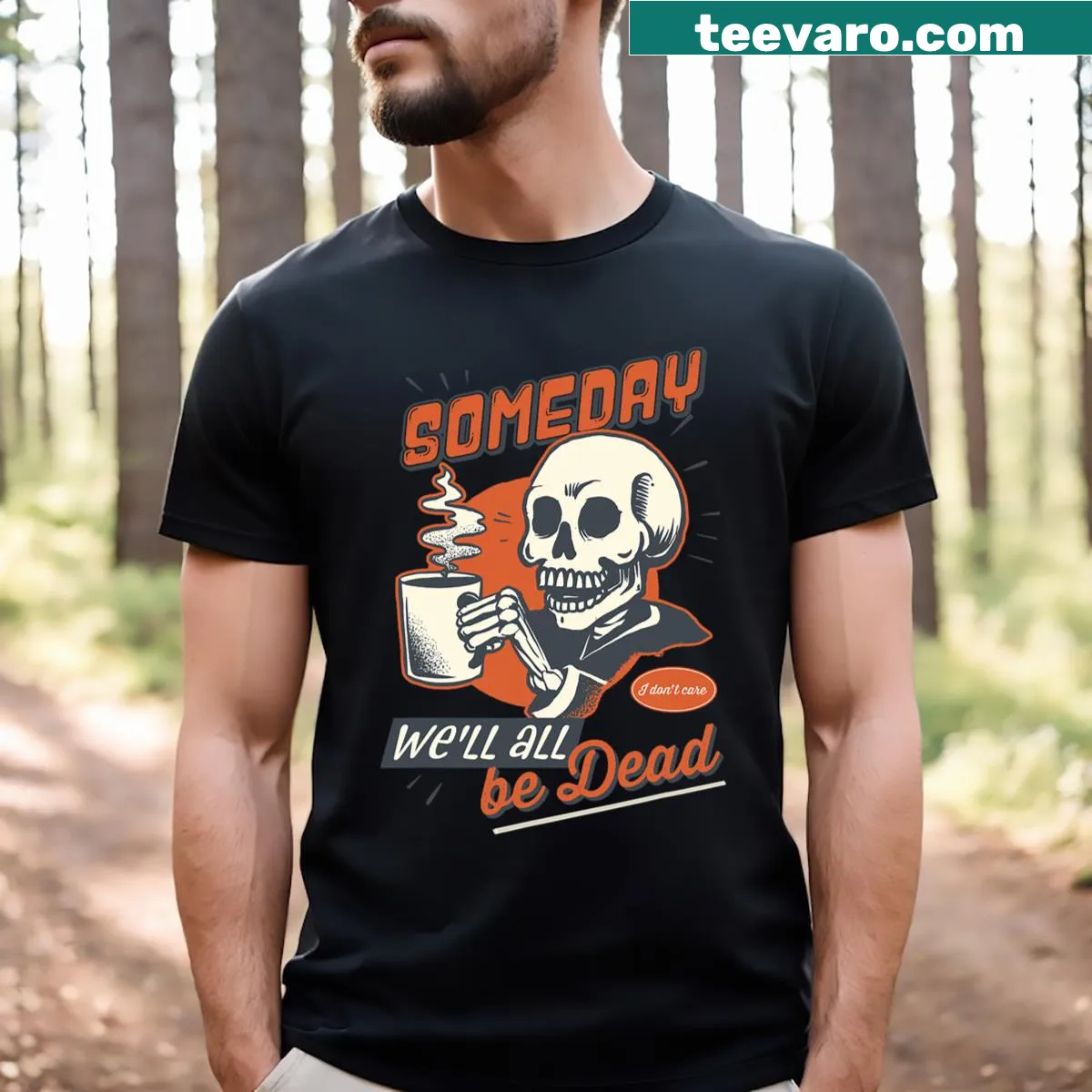 Cartoon skeleton T-shirt depicting existential dread and coffee — on a men's t-shirt