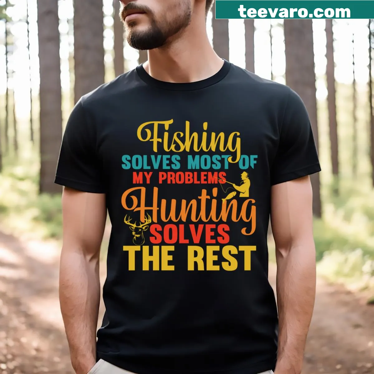 Graphic t-shirt featuring humorous text about fishing and hunting problems — on a men's t-shirt