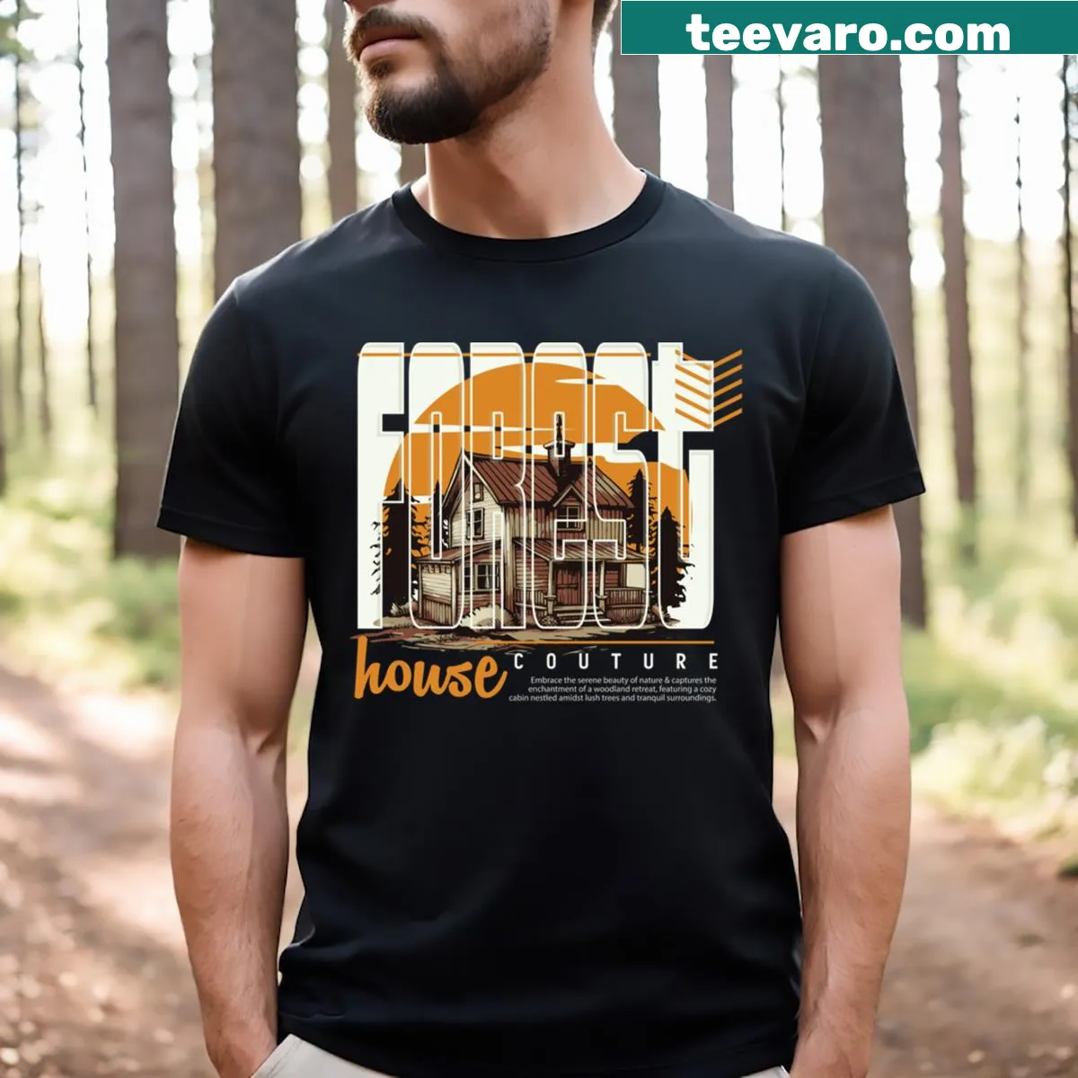 Illustrated T-shirt featuring a forest house and trees — on a men's t-shirt