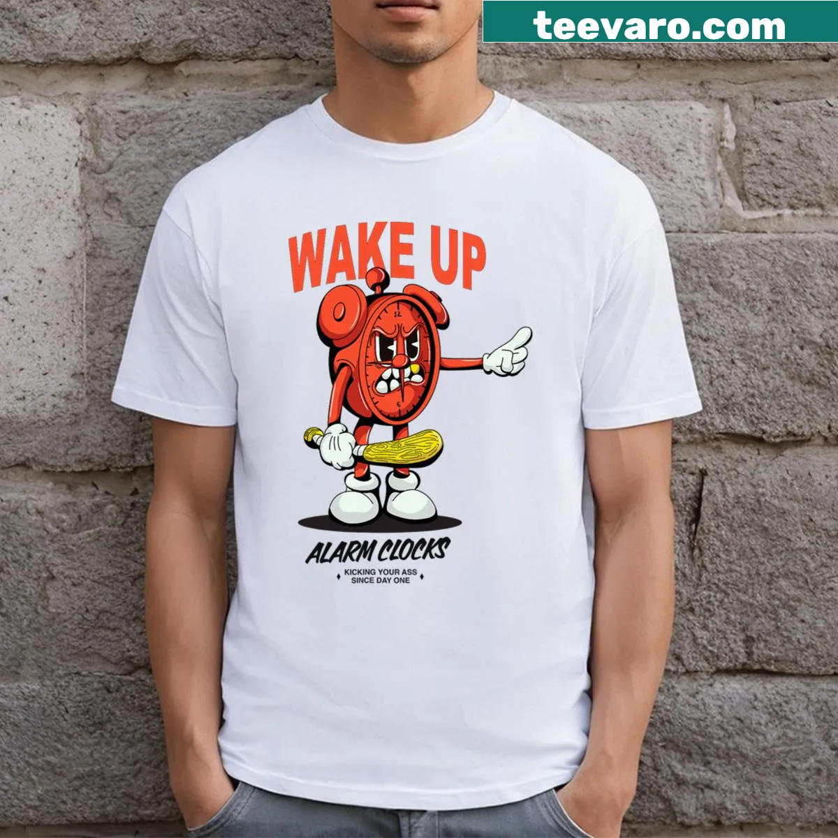 Cartoon alarm clock T-shirt with retro design — on a men's t-shirt