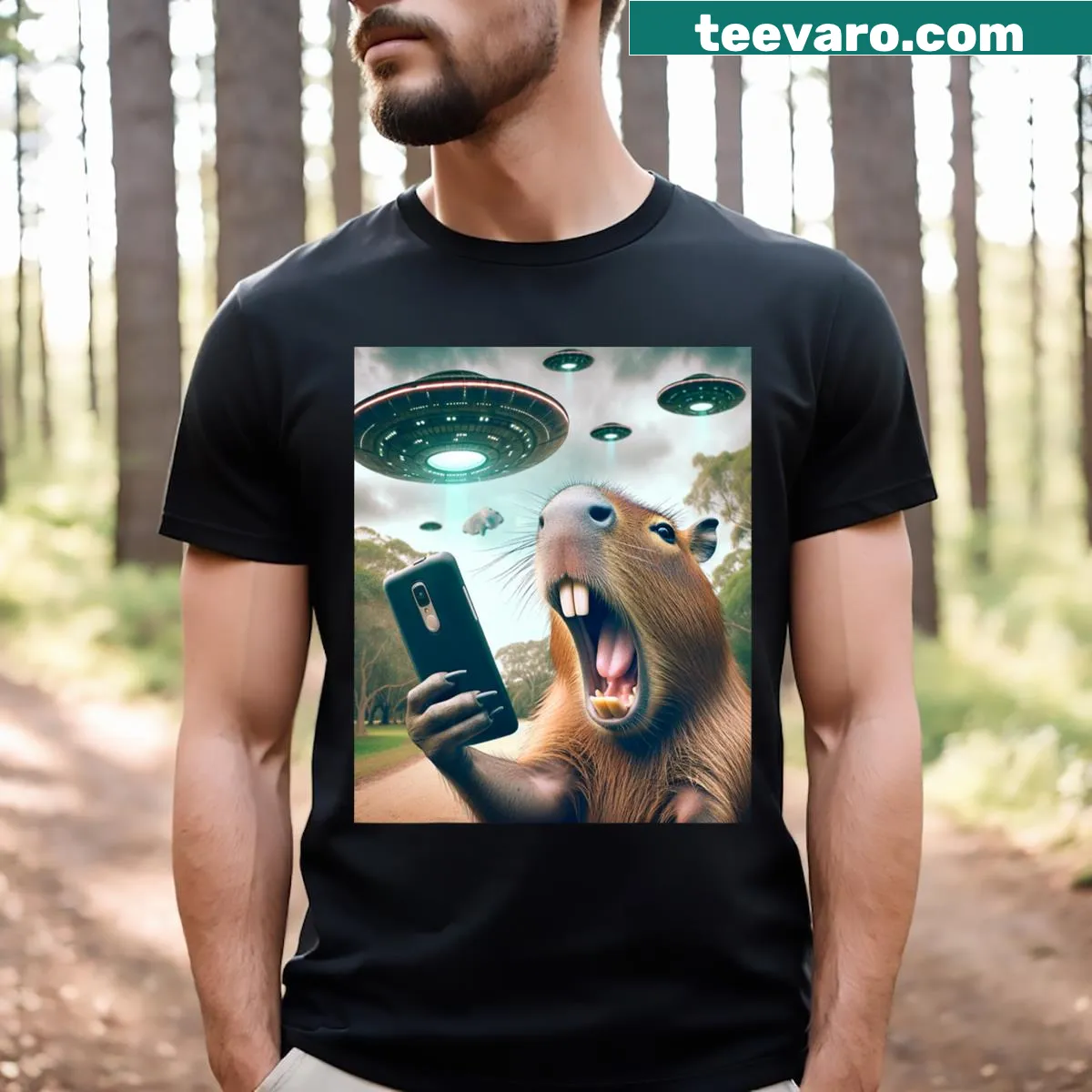 Funny capybara taking selfie with UFOs T-shirt — on a men's t-shirt