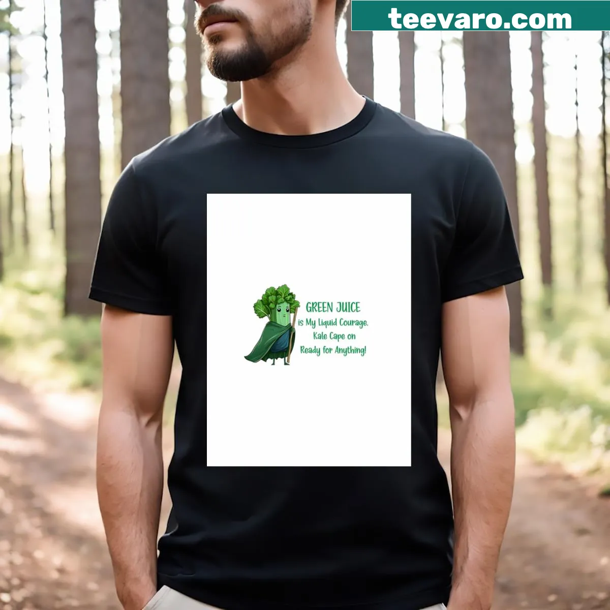 Green juice superhero graphic t-shirt with funny text — on a men's t-shirt