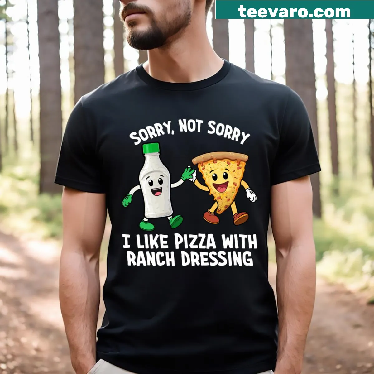 Cartoon Pizza with ranch dressing graphic on a funny T-shirt — on a men's t-shirt