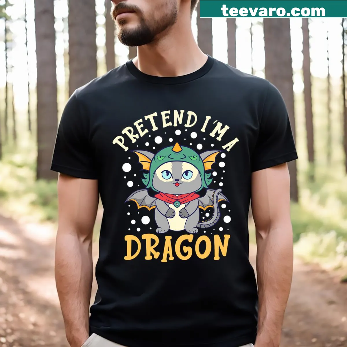 Cartoon cat with the text 'Pretend I'm A Dragon' on T-shirt — on a men's t-shirt