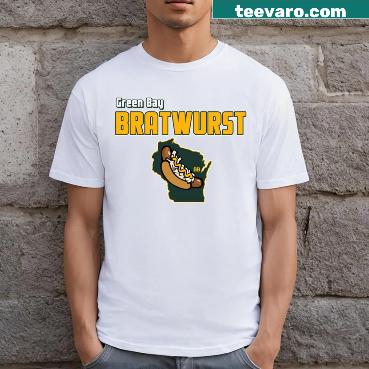 Wordmark T-shirt featuring the Green Bay bratwurst theme. — on a men's t-shirt