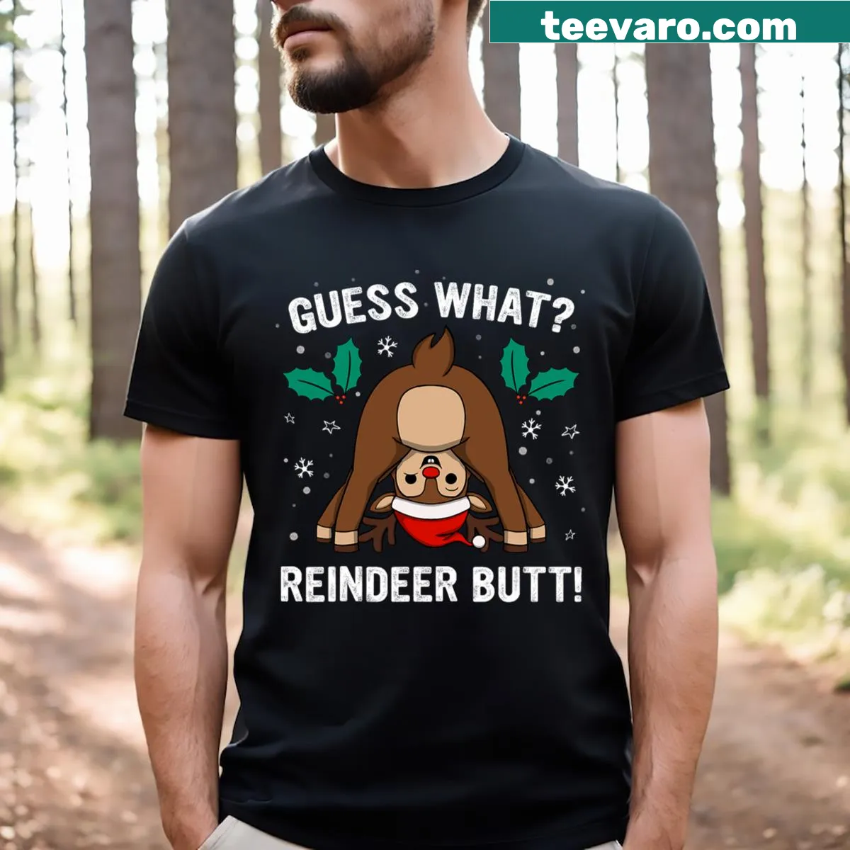 Funny Christmas T-shirt with a reindeer butt graphic — on a men's t-shirt