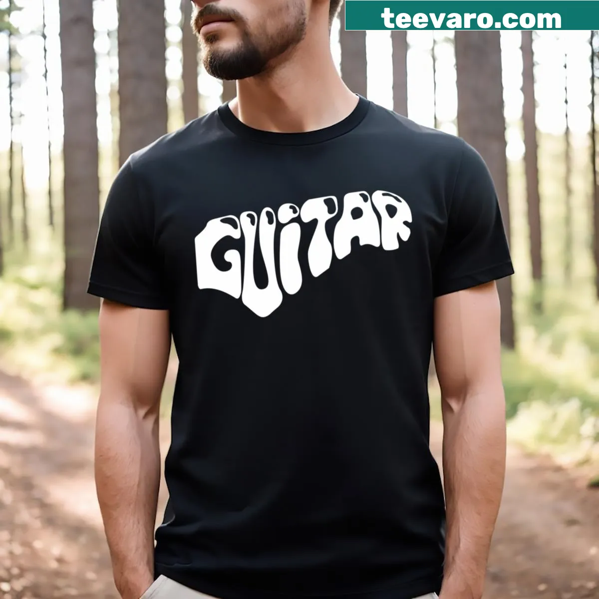 Typography T-shirt celebrating the guitar with a simple graphic. — on a men's t-shirt