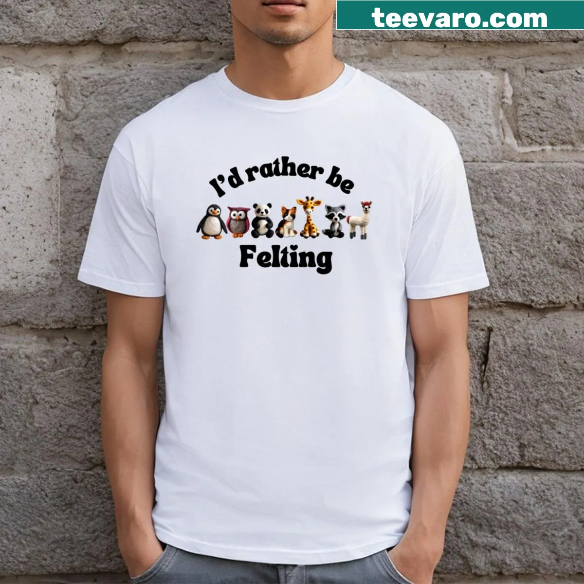 Cute t-shirt featuring illustrations of felted animals and crafting text. — on a men's t-shirt