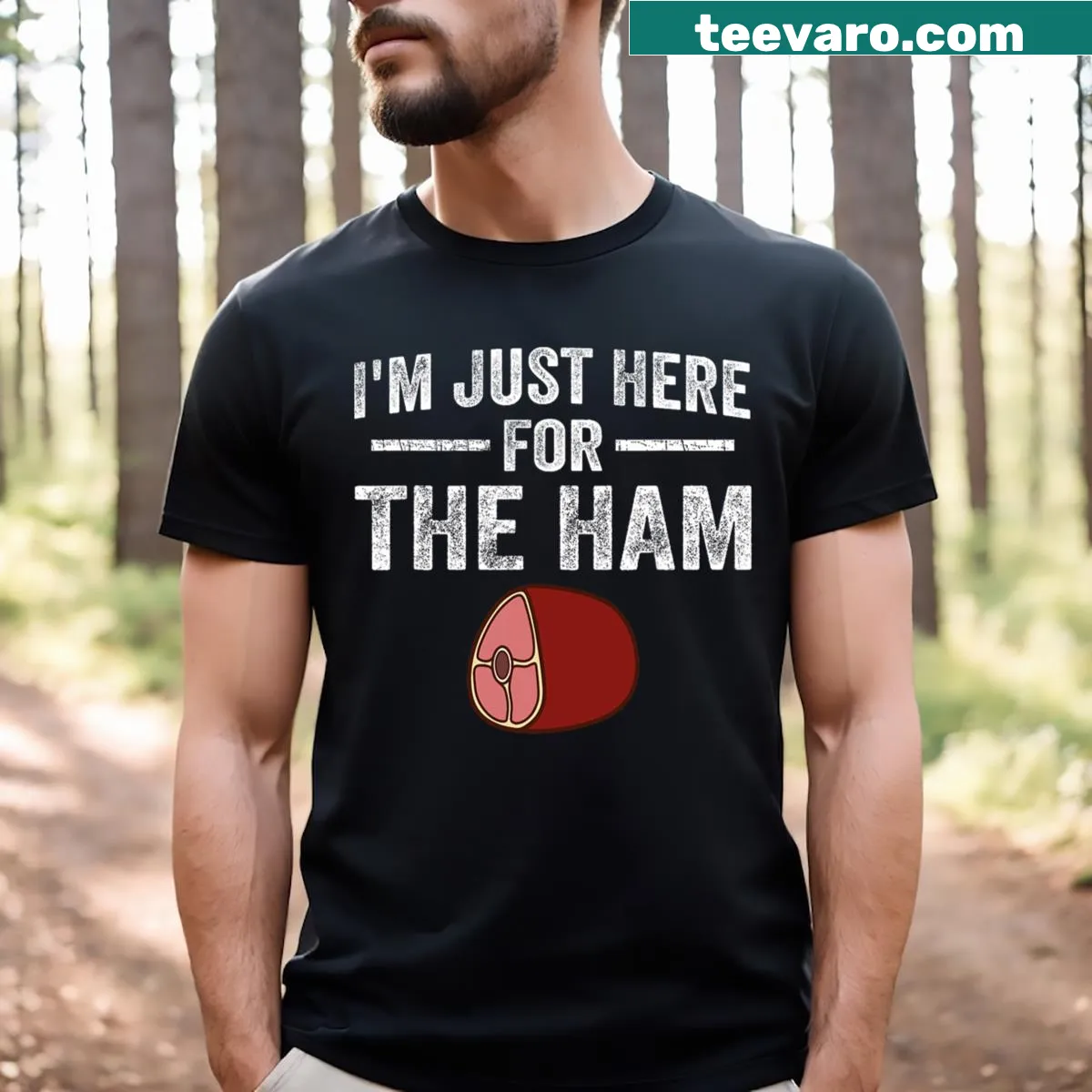 Funny t-shirt featuring the phrase 'I'm Just Here For The Ham' in playful typography. — on a men's t-shirt
