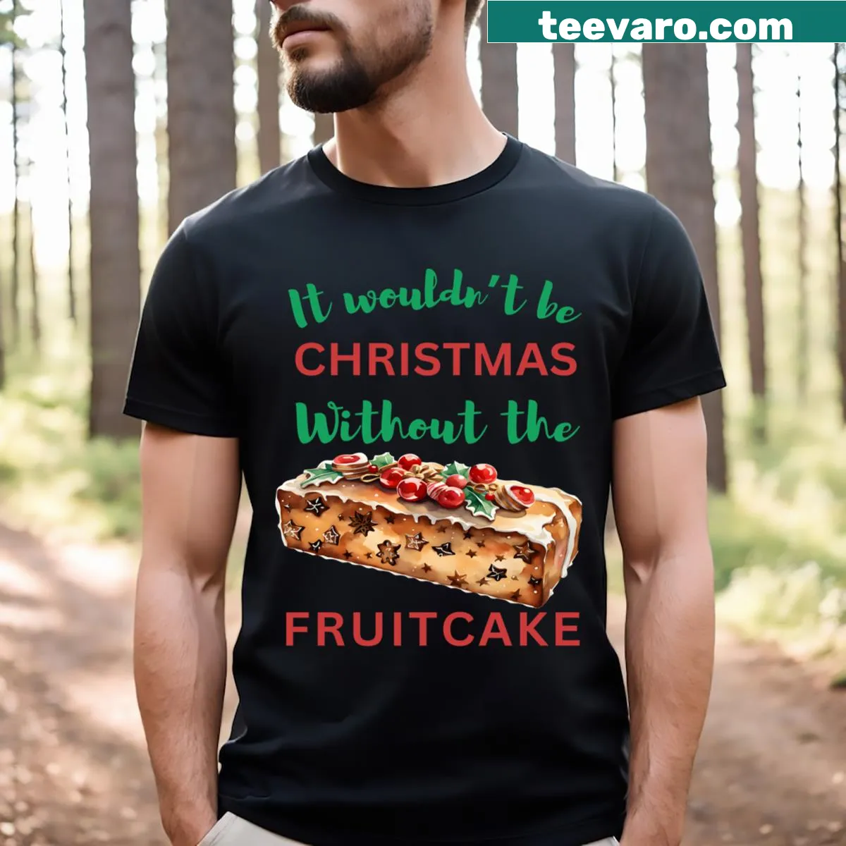 Holiday t-shirt with a humorous fruitcake graphic and Christmas text. — on a men's t-shirt