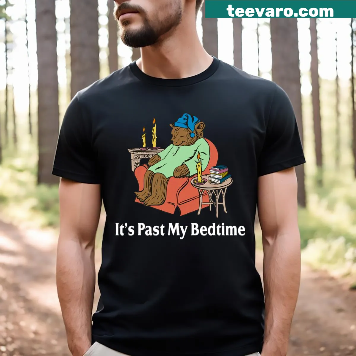Funny 'It's Past My Bedtime' T-shirt for reading bear lovers — on a men's t-shirt