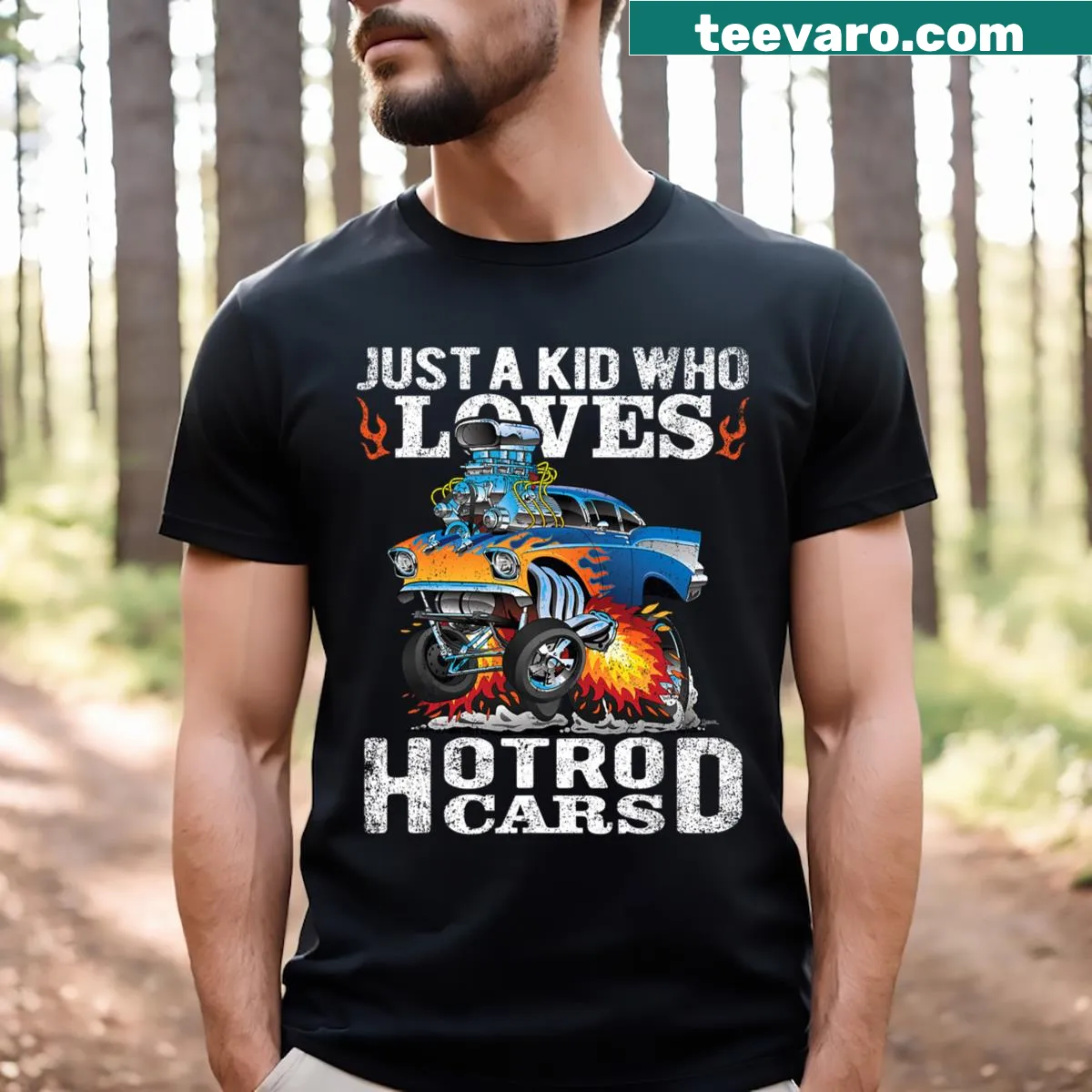 Cartoon hotrod cars graphic T-shirt — on a men's t-shirt