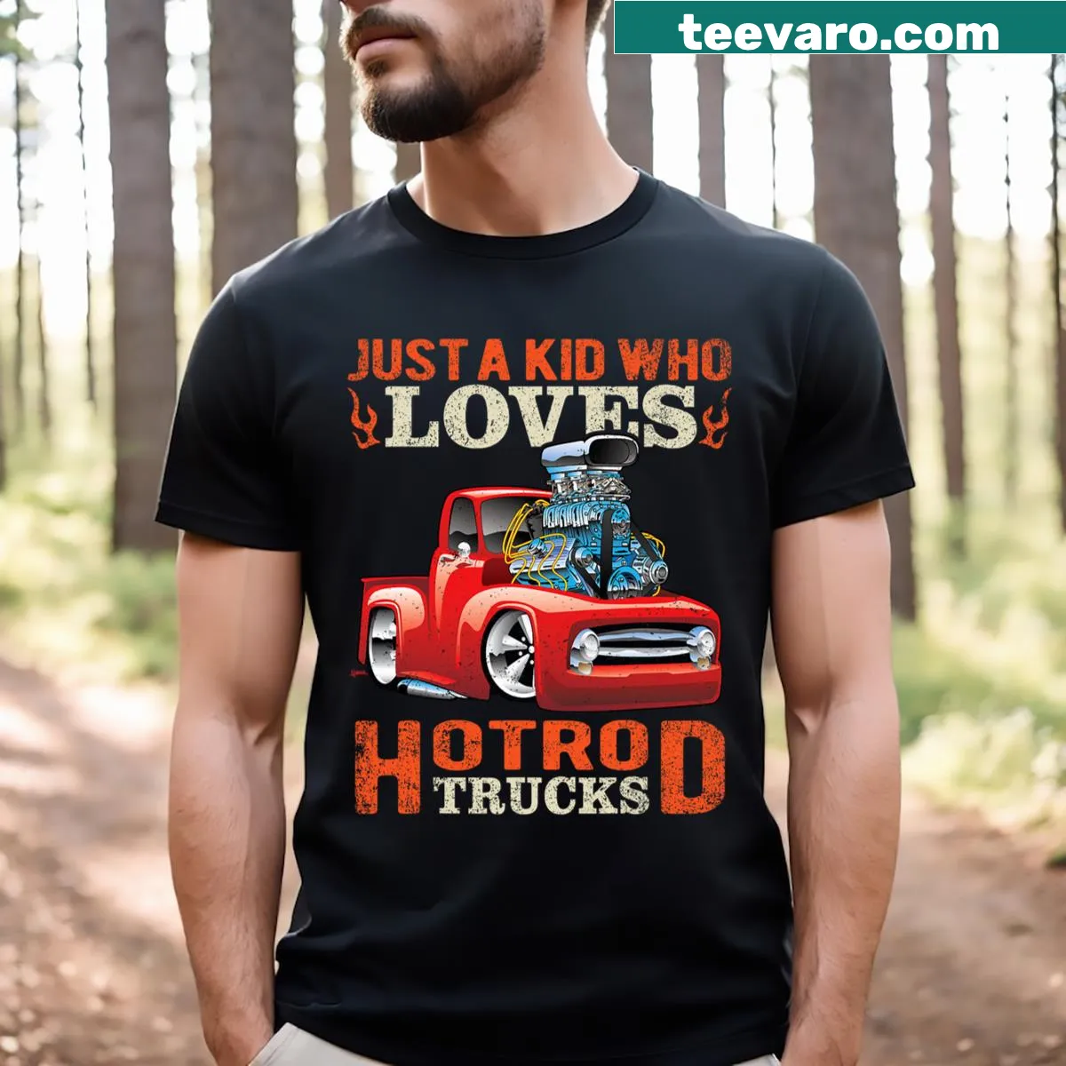 Cartoon hotrod truck design for kids who love trucks — on a men's t-shirt