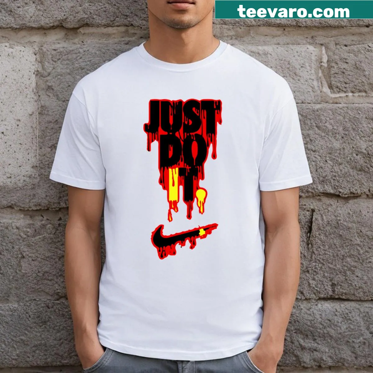 Humorous t-shirt with a dripping 'Just Do It' design — on a men's t-shirt
