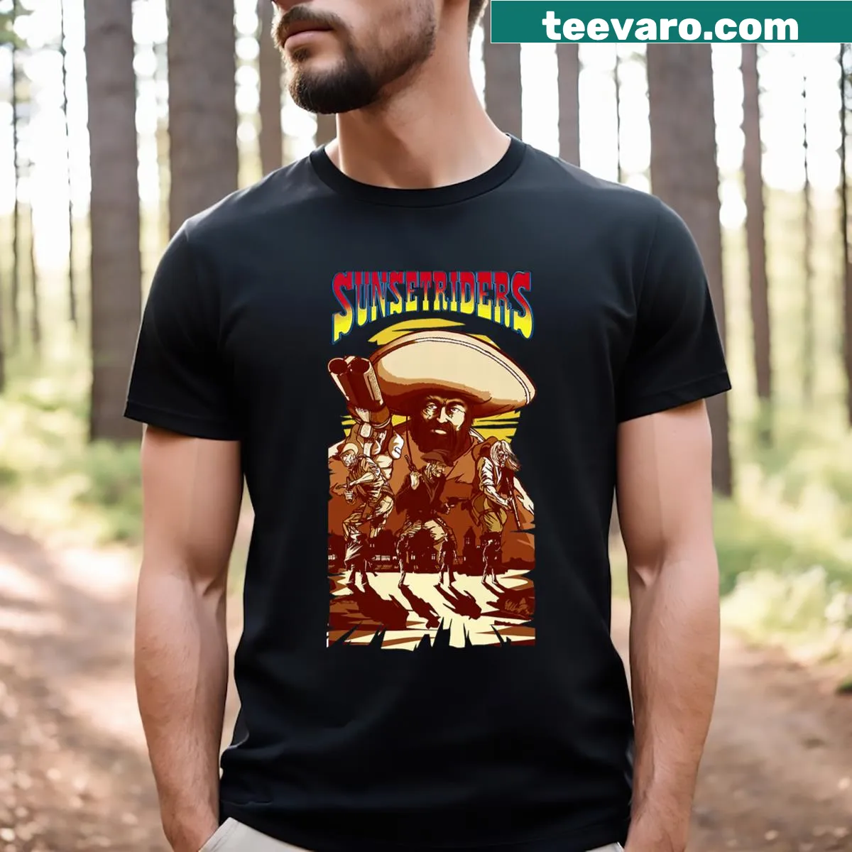 Sunset Riders vintage-style graphic T-shirt — on a men's t-shirt