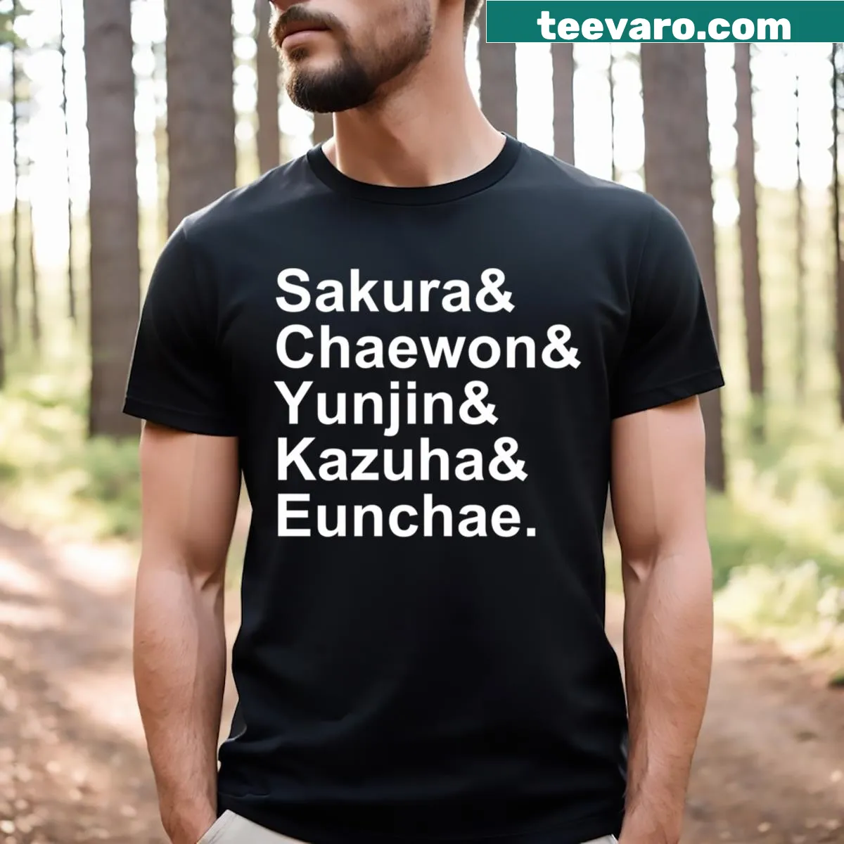 Playful cartoon T-shirt featuring members of Le Sserafim — on a men's t-shirt