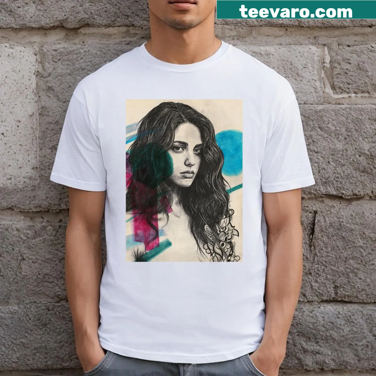 Realistic portrait of a girl’s face on a t-shirt — on a men's t-shirt
