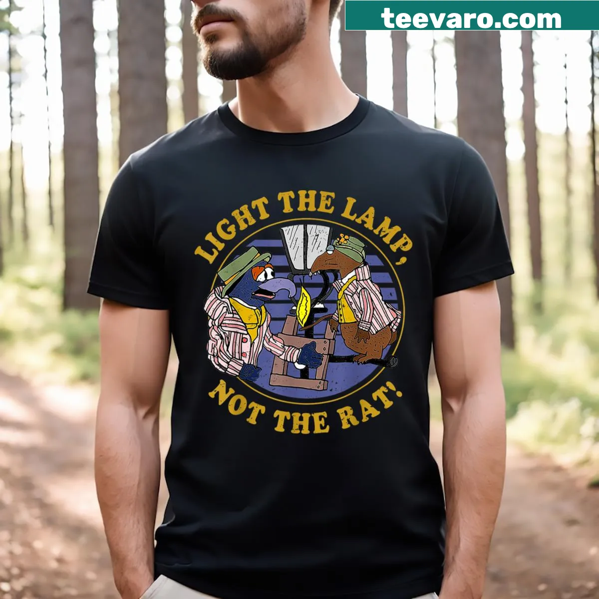 Illustrated humorous phrase on a t-shirt about lighting a lamp — on a men's t-shirt