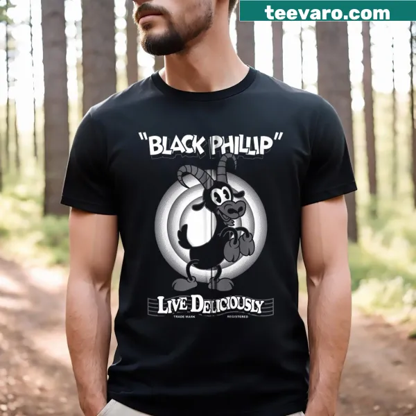 Vintage cartoon goat Black Phillip zip t-shirt with 'Live Deliciously'