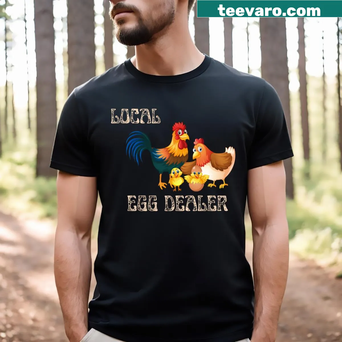 Funny chicken graphic with 'Local Egg Dealer' text on a t-shirt — on a men's t-shirt