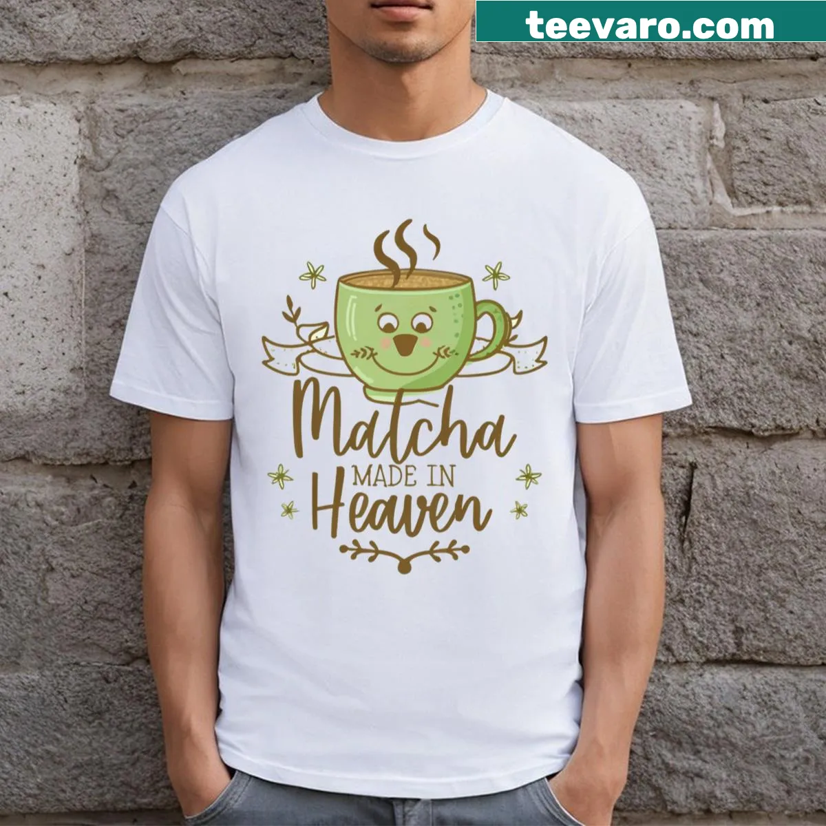 Matcha Made In Heaven t-shirt with playful typography print — on a men's t-shirt