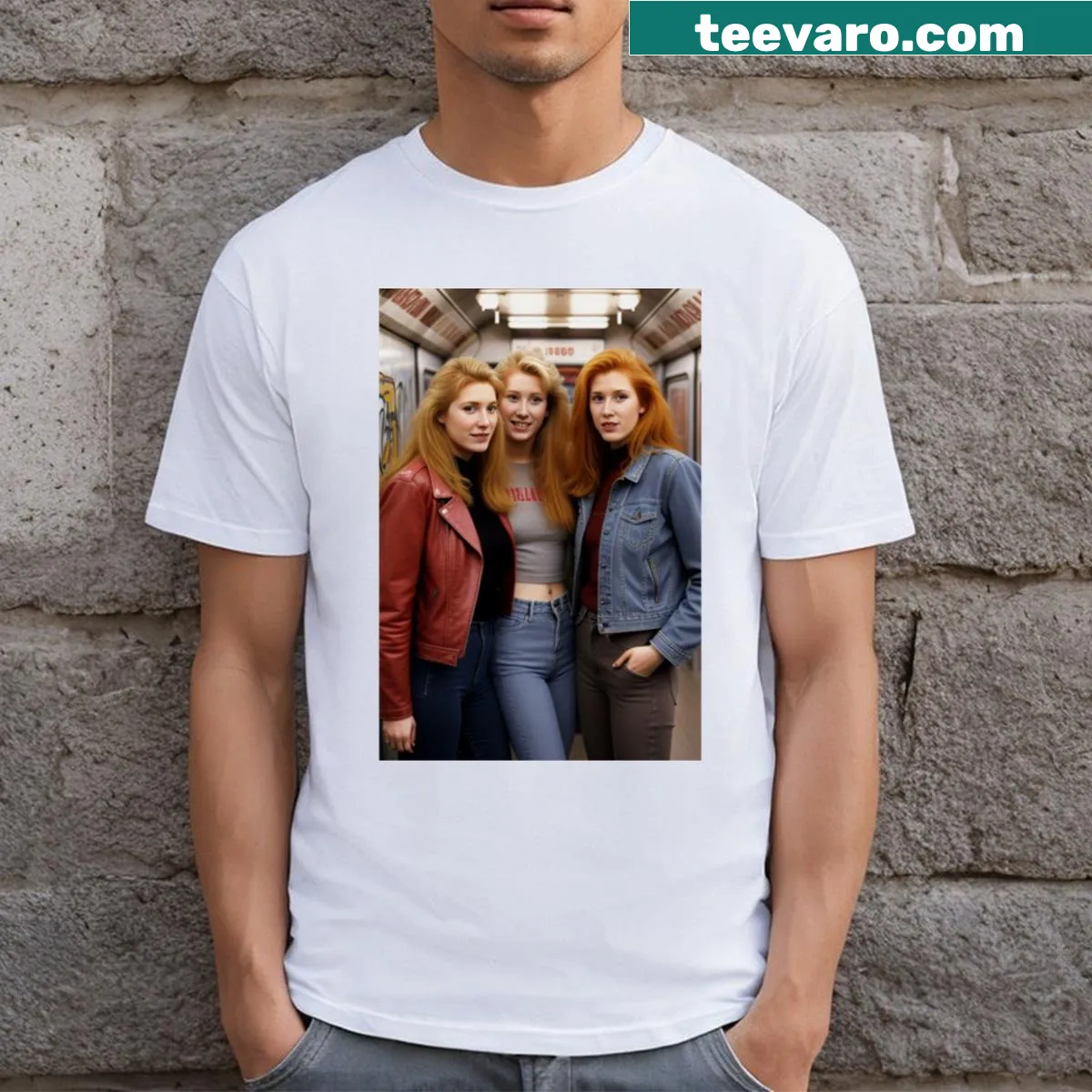 Illustrative 80's rock girls graphic on a t-shirt celebrating music history — on a men's t-shirt