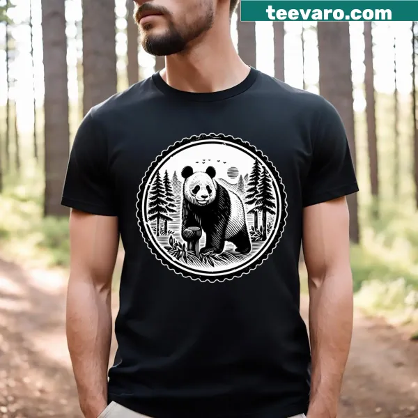 Silhouette of a panda in a forest setting on a T-shirt.