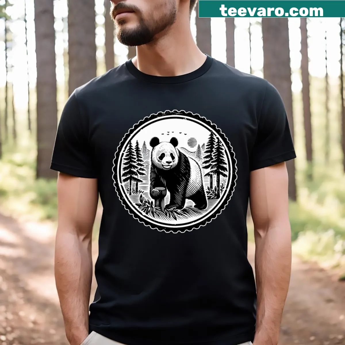 Silhouette of a panda in a forest setting on a T-shirt. — on a men's t-shirt