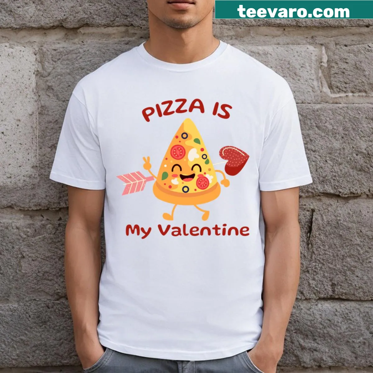 Pizza-themed T-shirt with playful Valentine design — on a men's t-shirt