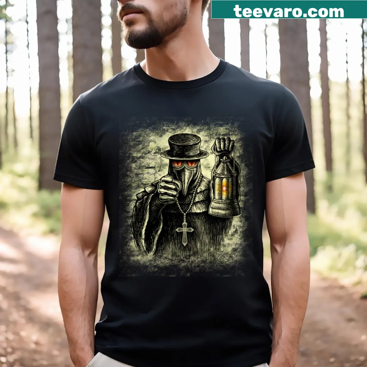 Plague doctor graphic T-shirt with historical theme — on a men's t-shirt