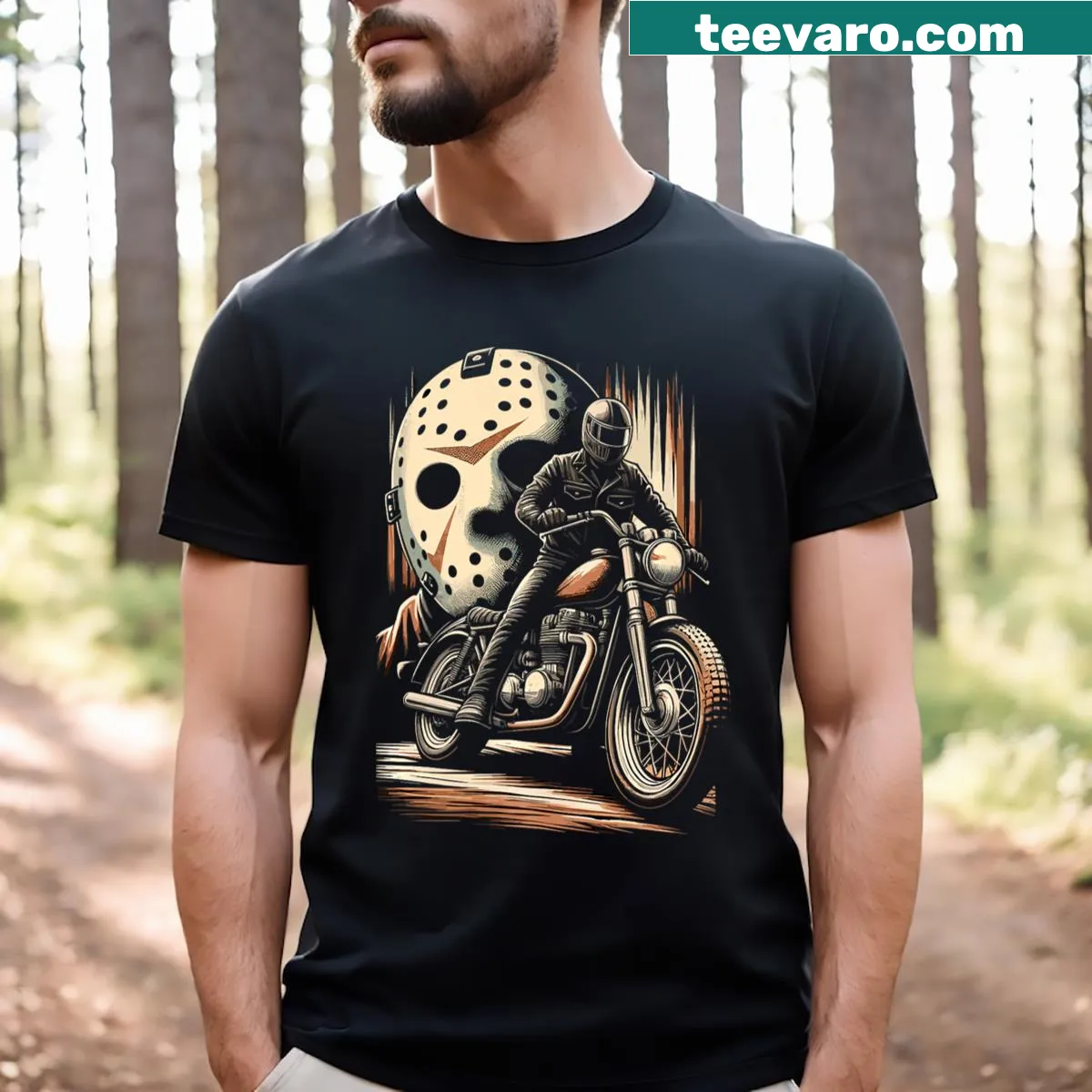 Vintage distressed graphic combining bikes and slasher themes on a T-shirt — on a men's t-shirt