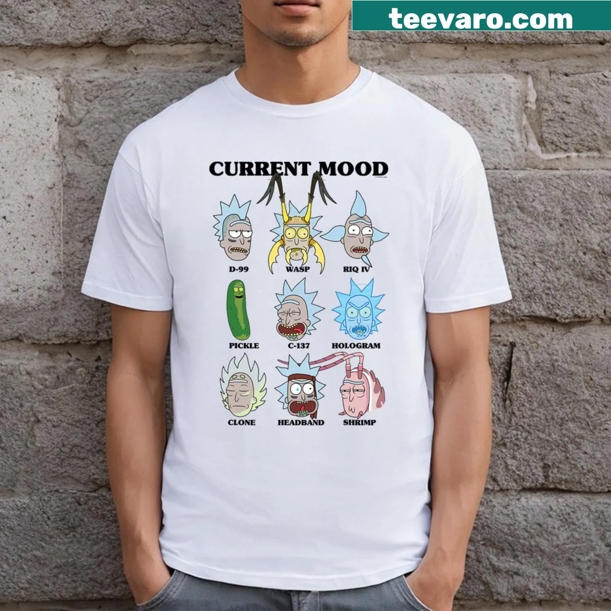 Rick and Morty expressions graphic t-shirt — on a men's t-shirt