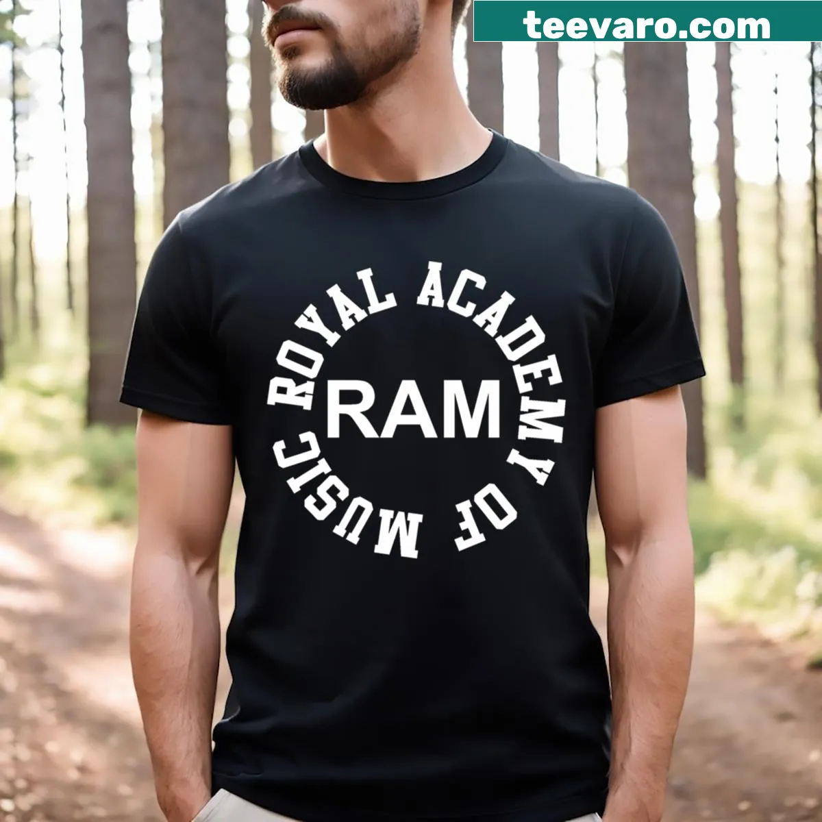 Graphic of a ram and text representing the Royal Academy of Music — on a men's t-shirt