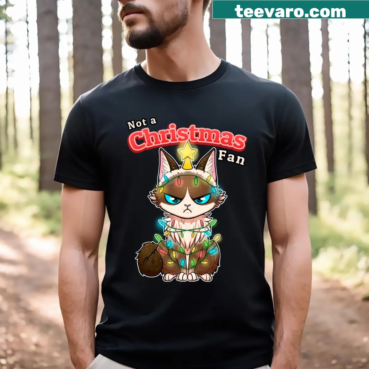 Cartoon depicting Santa and a grumpy cat tangled in lights — on a men's t-shirt