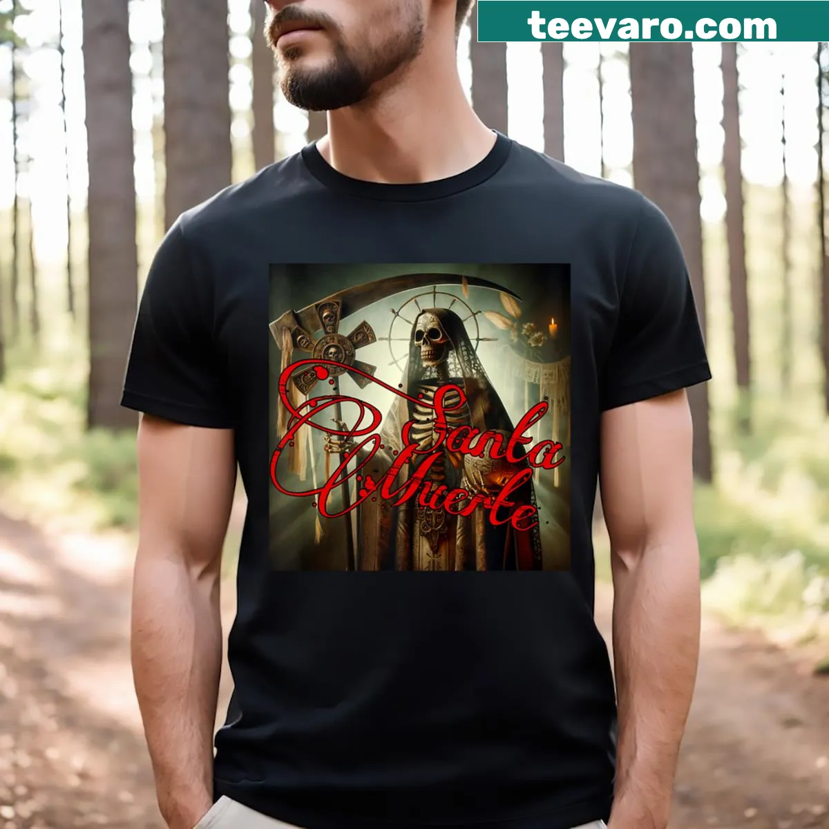 Illustration of Santa Muerte and knight imagery — on a men's t-shirt
