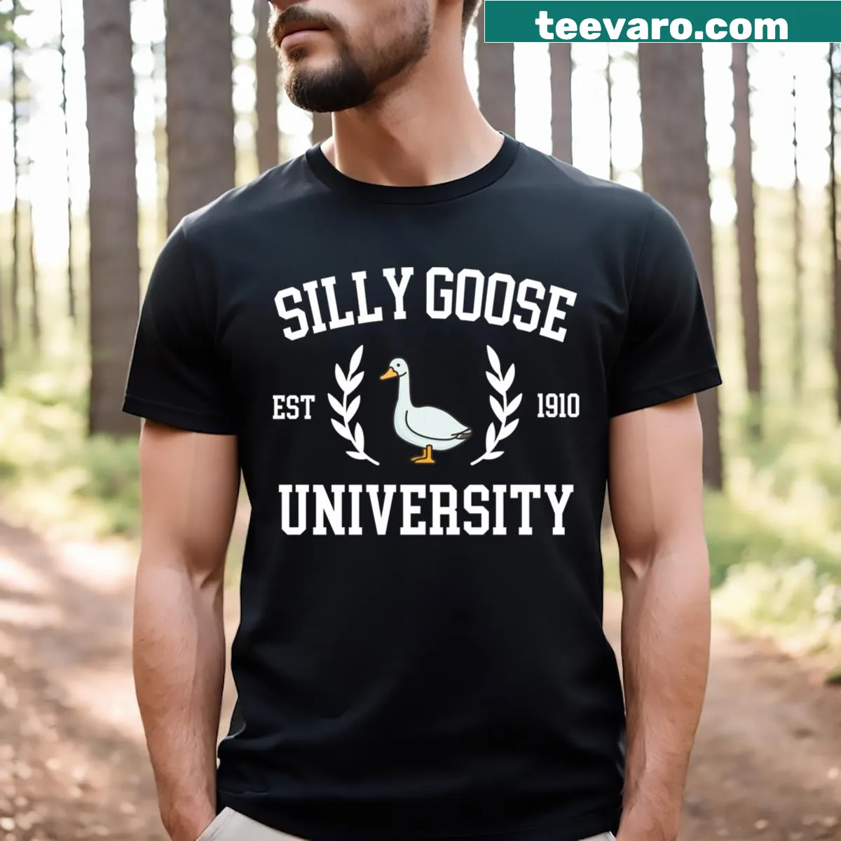 Funny cartoon goose design for Silly Goose University on T-shirt — on a men's t-shirt