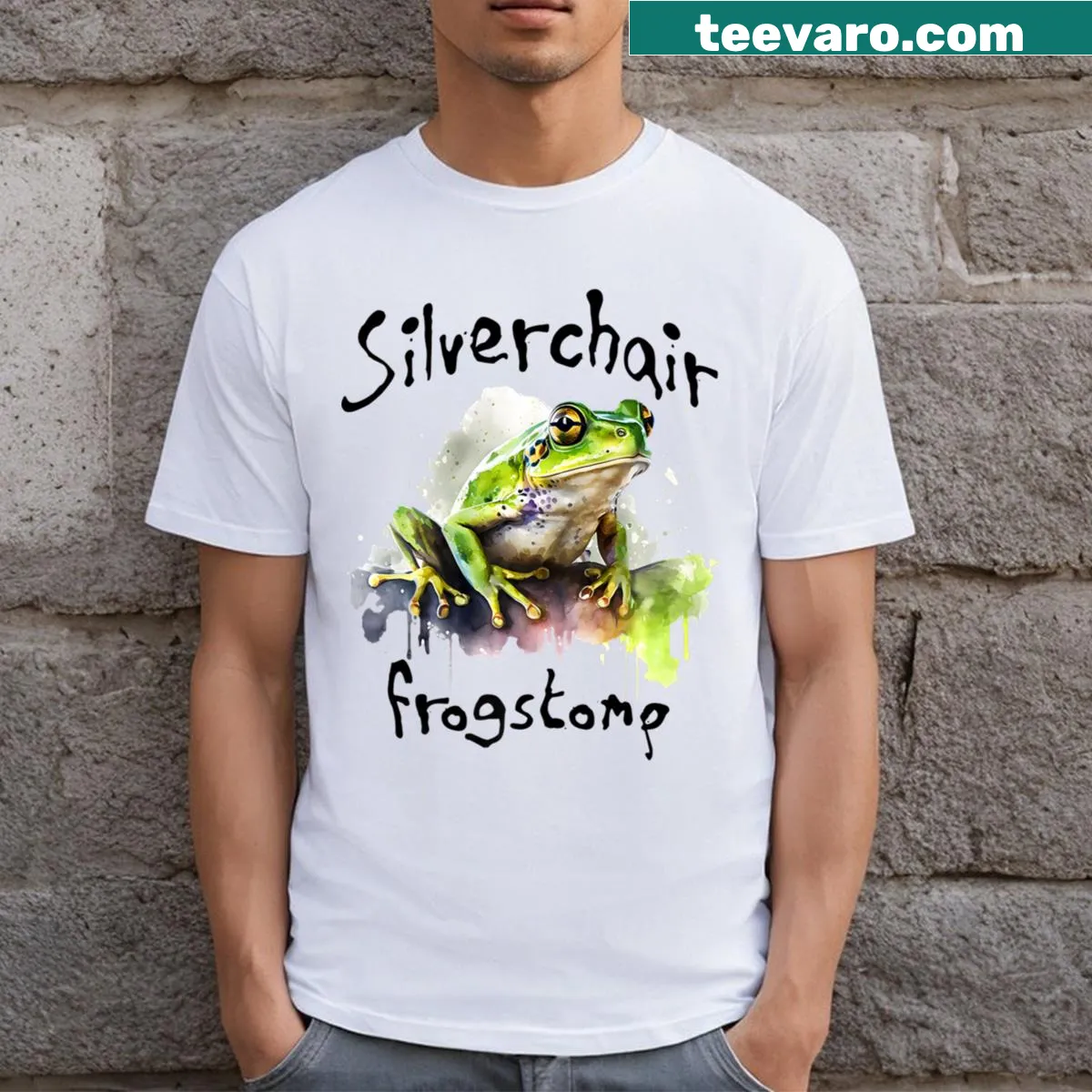 Cartoon frog design inspired by Silverchair's Frogstomp album — on a men's t-shirt