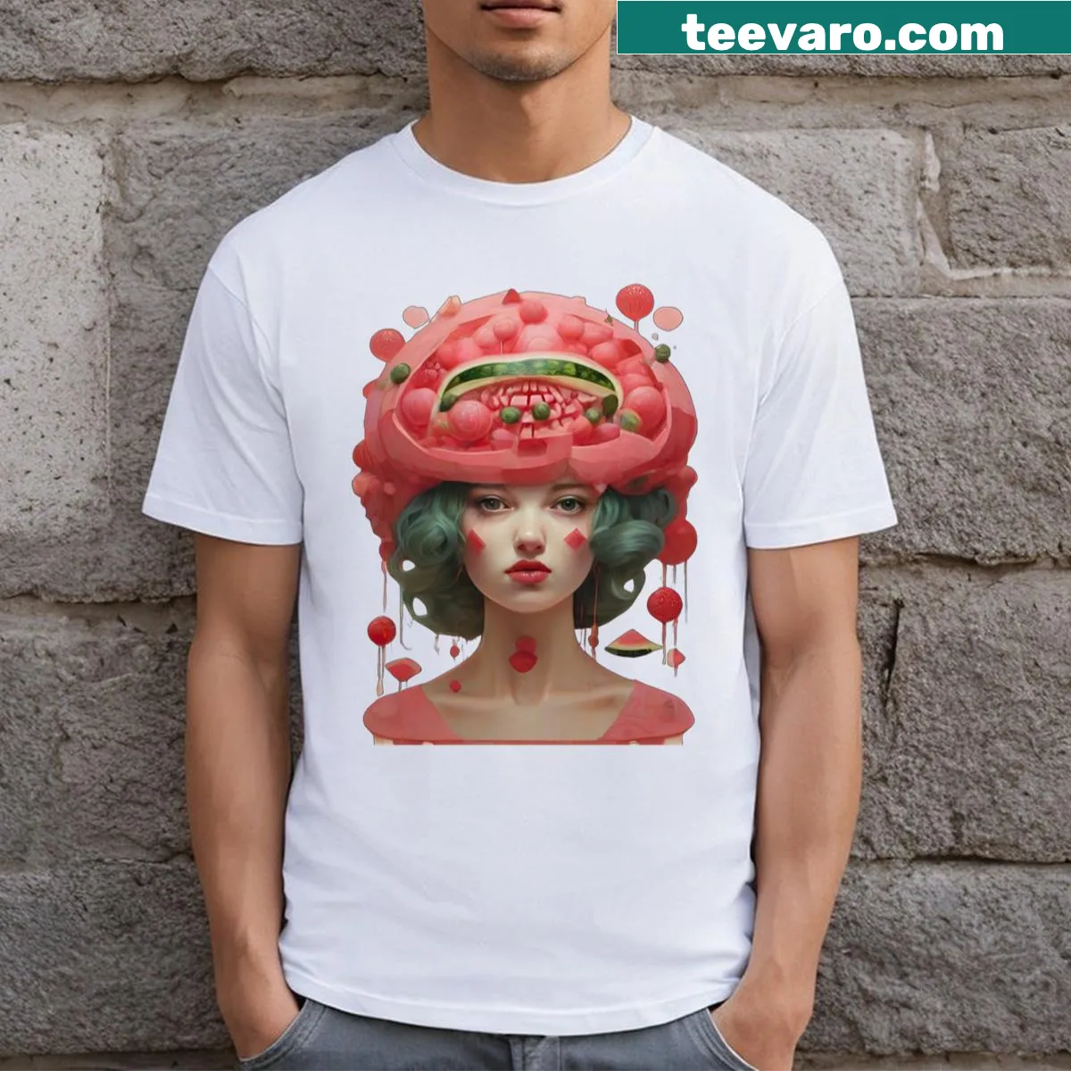 Whimsical graphic of summer fruits on a t-shirt — on a men's t-shirt