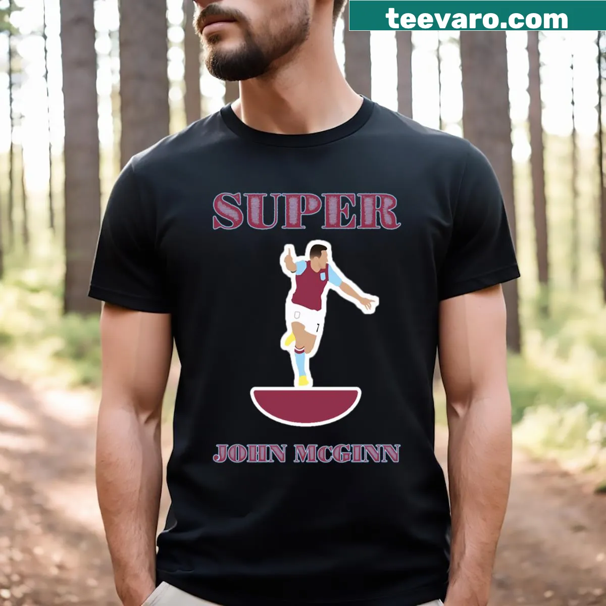 T-shirt featuring humorous graphic of John Mcginn, soccer player — on a men's t-shirt