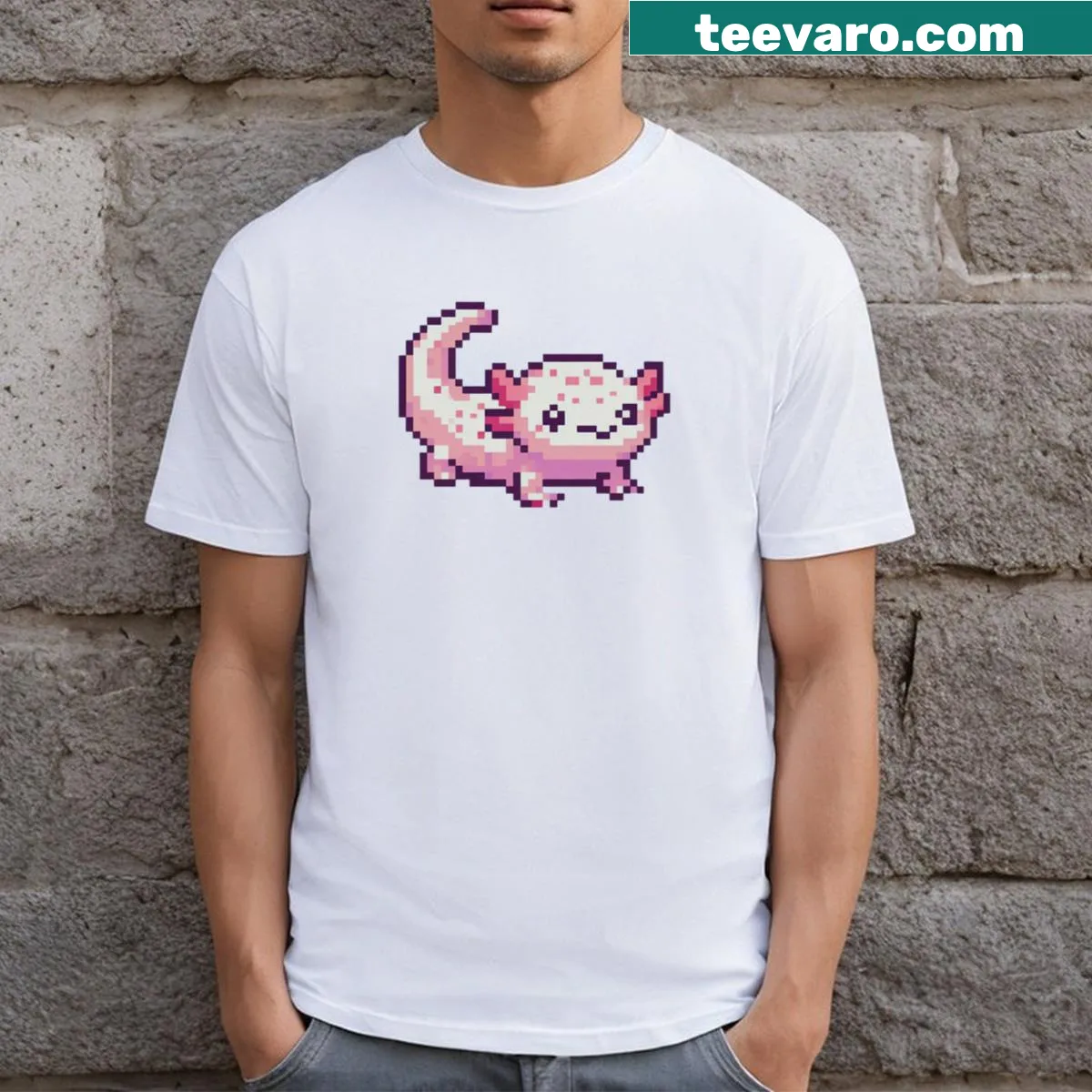 Cute T-shirt featuring an illustration of a tiny axolotl — on a men's t-shirt