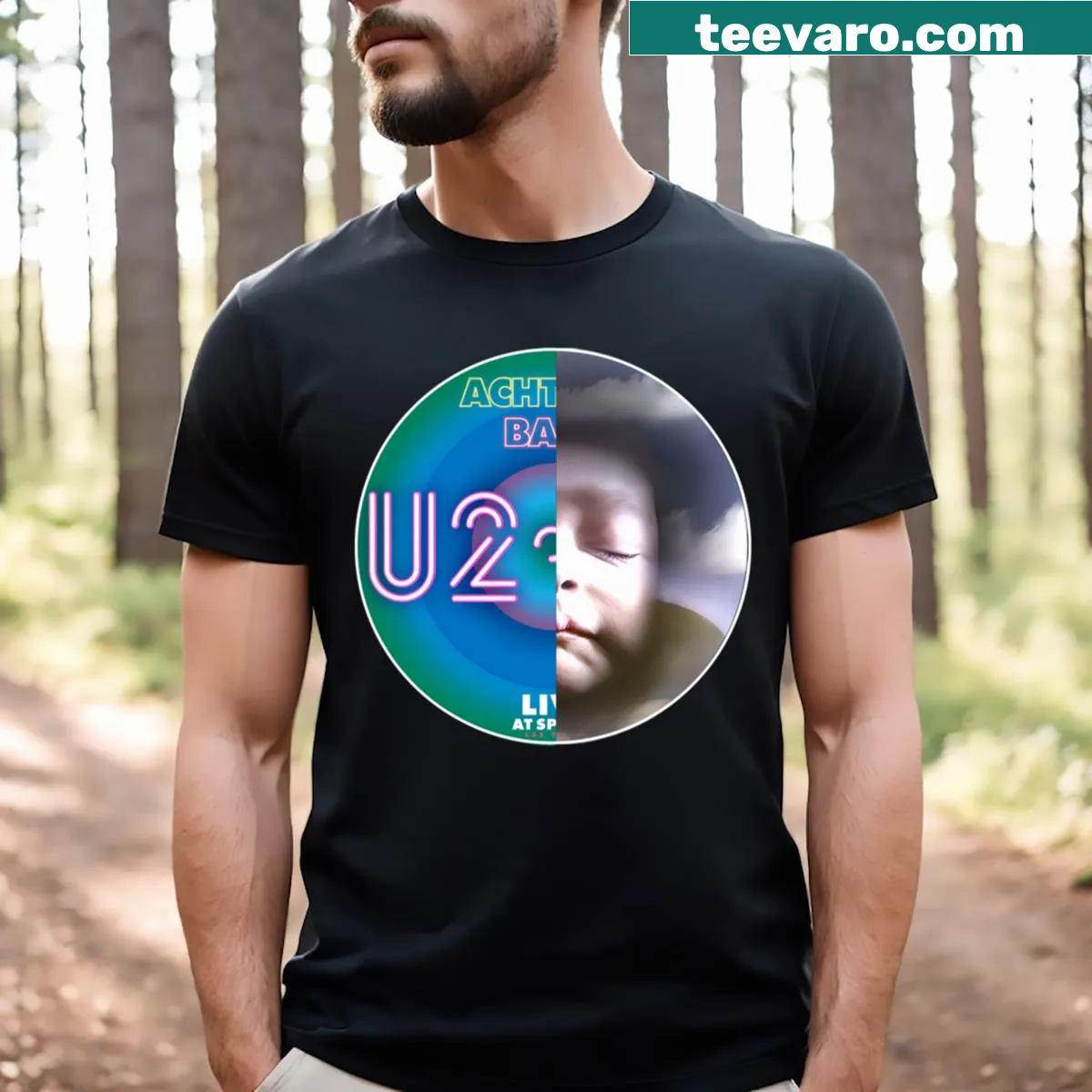 Commemorative U2 t-shirt from the 2023 Vegas concert featuring concert graphics. — on a men's t-shirt