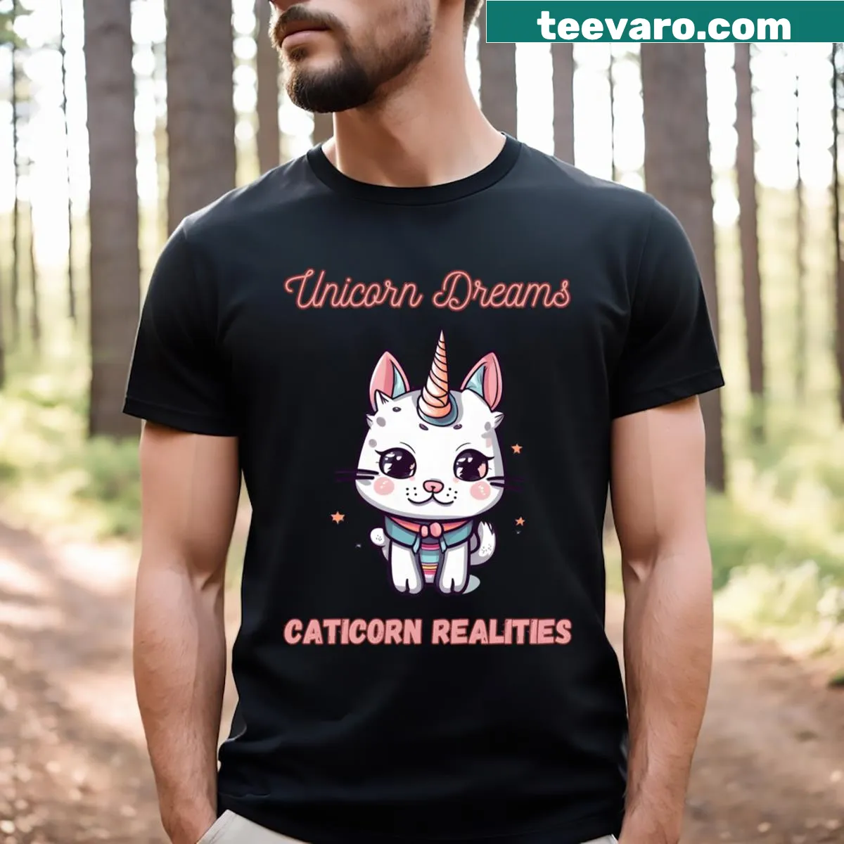 Cute t-shirt featuring a whimsical unicorn cat design. — on a men's t-shirt