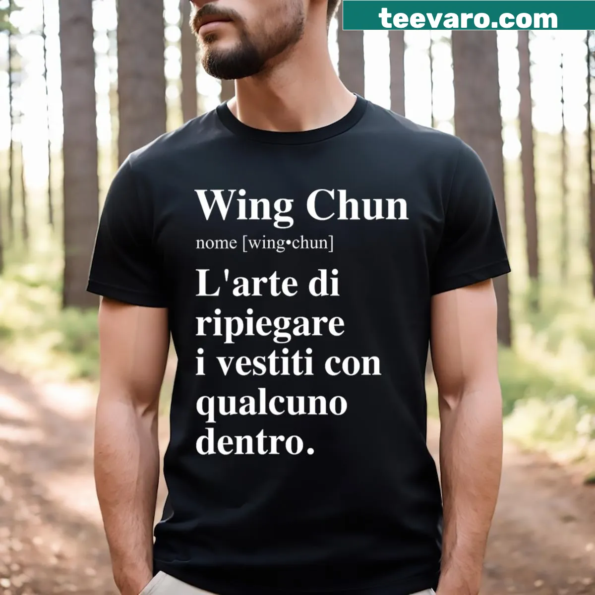 Humorous Wing Chun-themed T-shirt about folding clothes — on a men's t-shirt