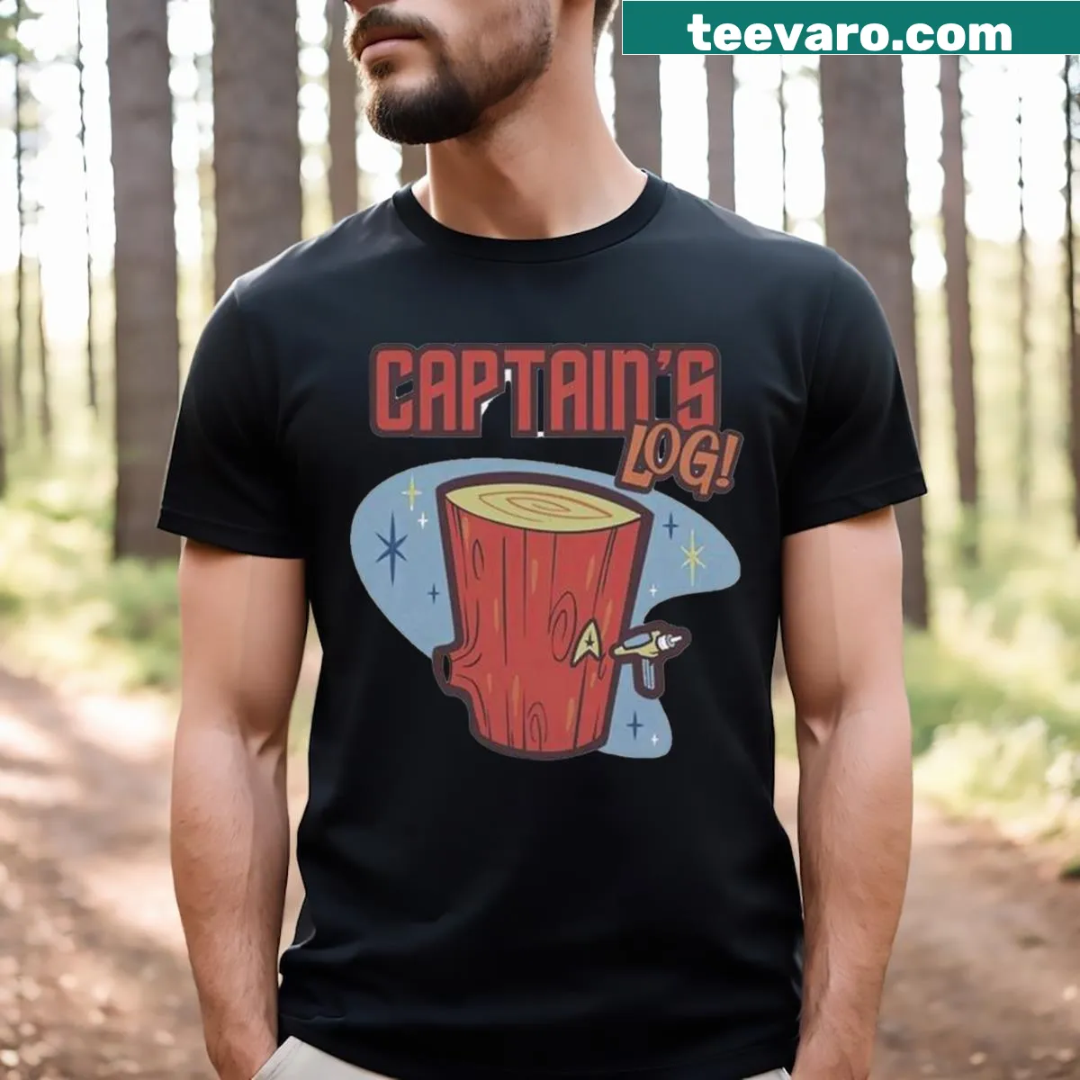Cartoon-style t-shirt featuring a Captain's Log design — on a men's t-shirt