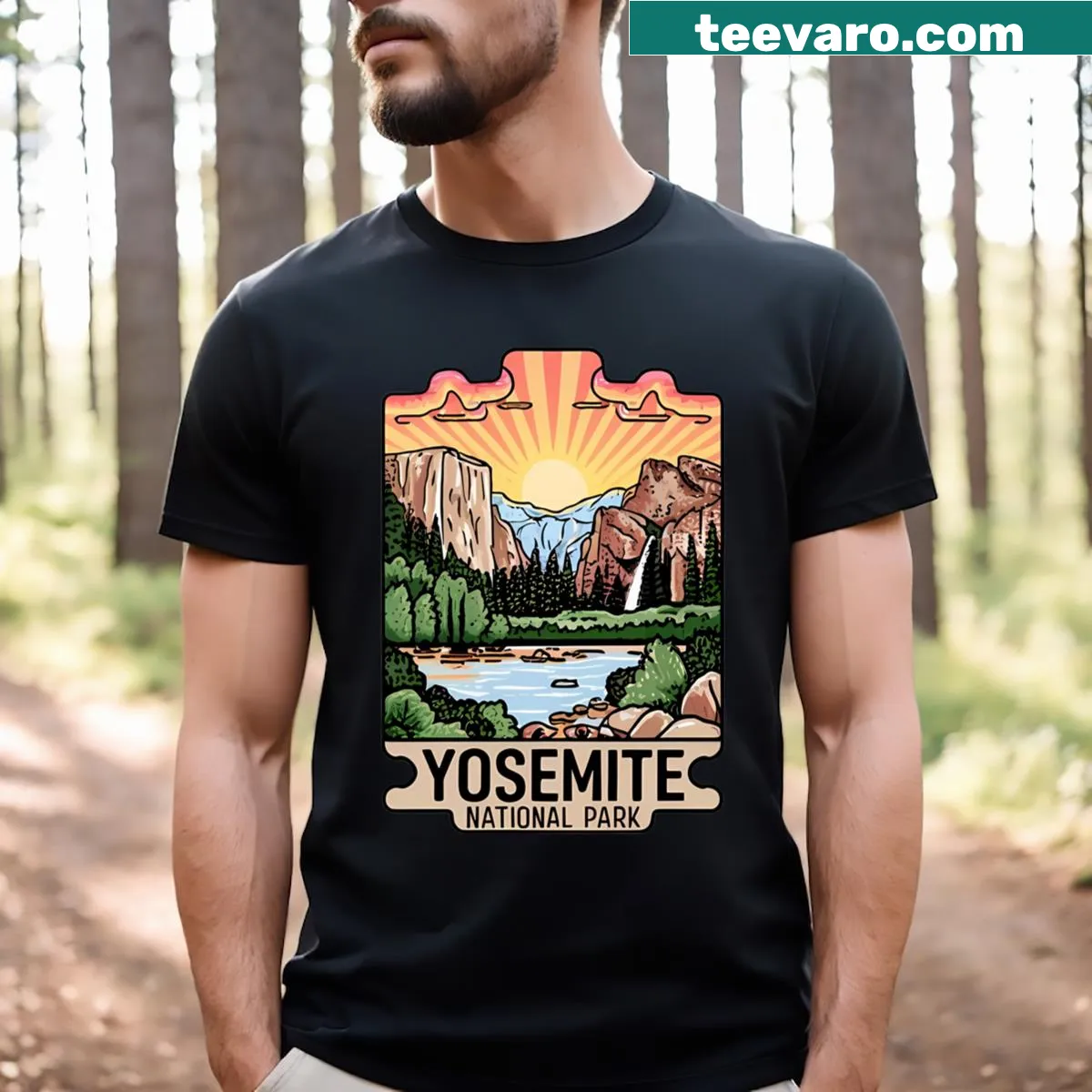 Illustrated Yosemite National Park T-shirt featuring scenic landmarks — on a men's t-shirt